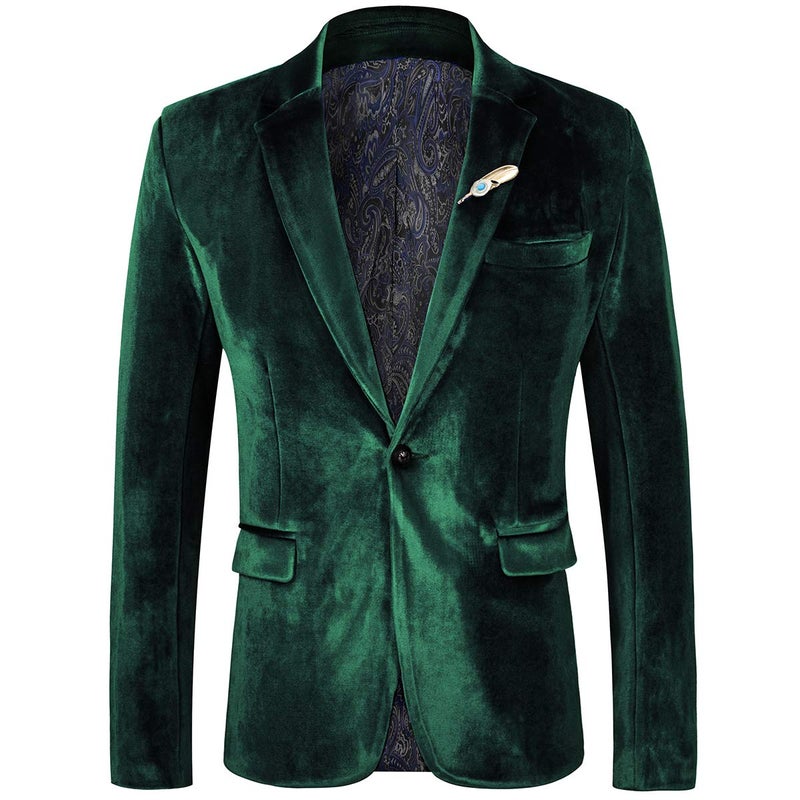 WEEN CHARM Velvet Blazer for Men Slim Fit One Button Sport Coat Tuxedo Jacket for Prom Wedding Party Dinner Green - Image 1